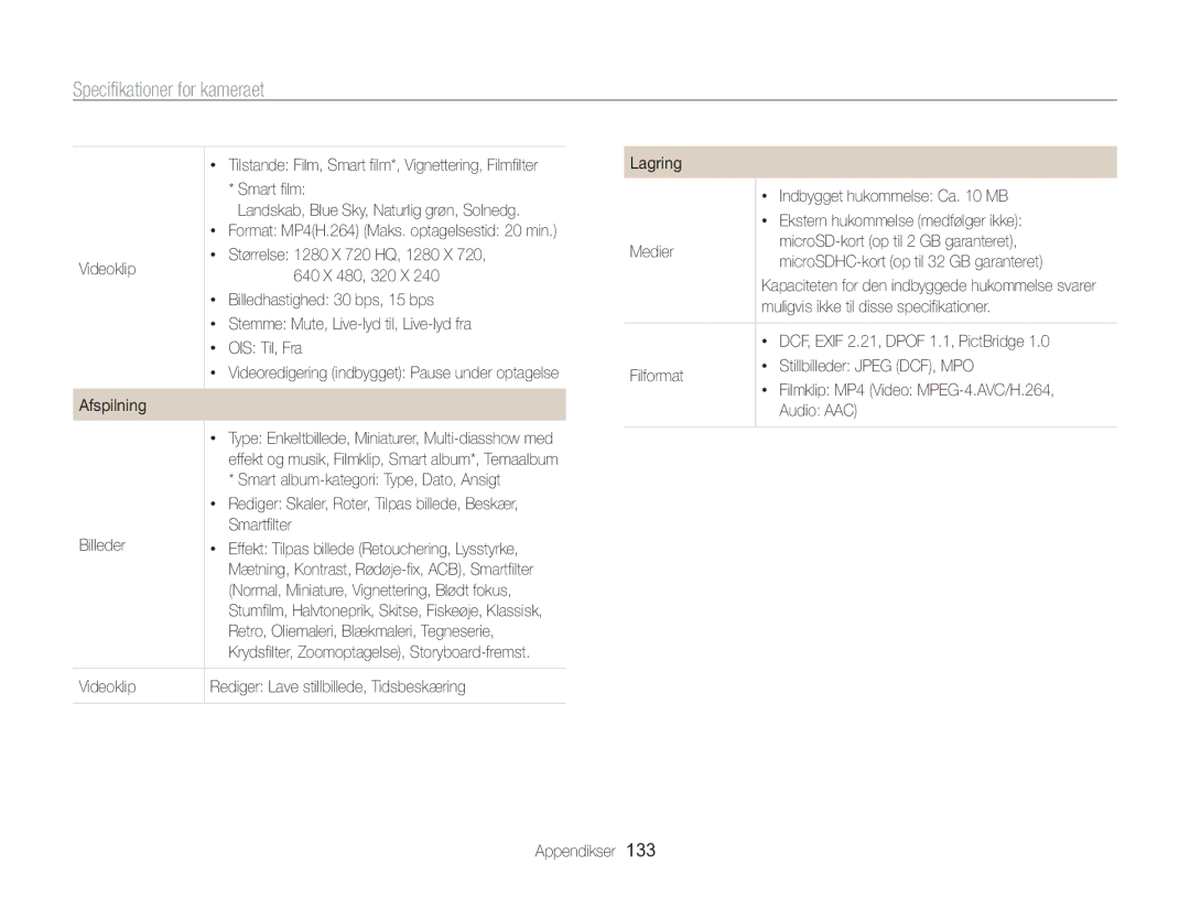 Samsung EC-MV800ZBPBE2 manual Smart film, Afspilning, Muligvis ikke til disse specifikationer 