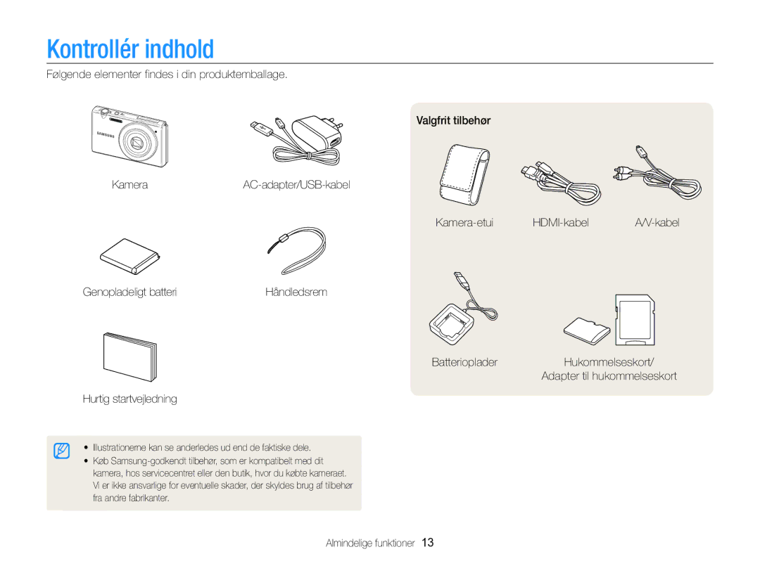 Samsung EC-MV800ZBPBE2 manual Kontrollér indhold, Almindelige funktioner 