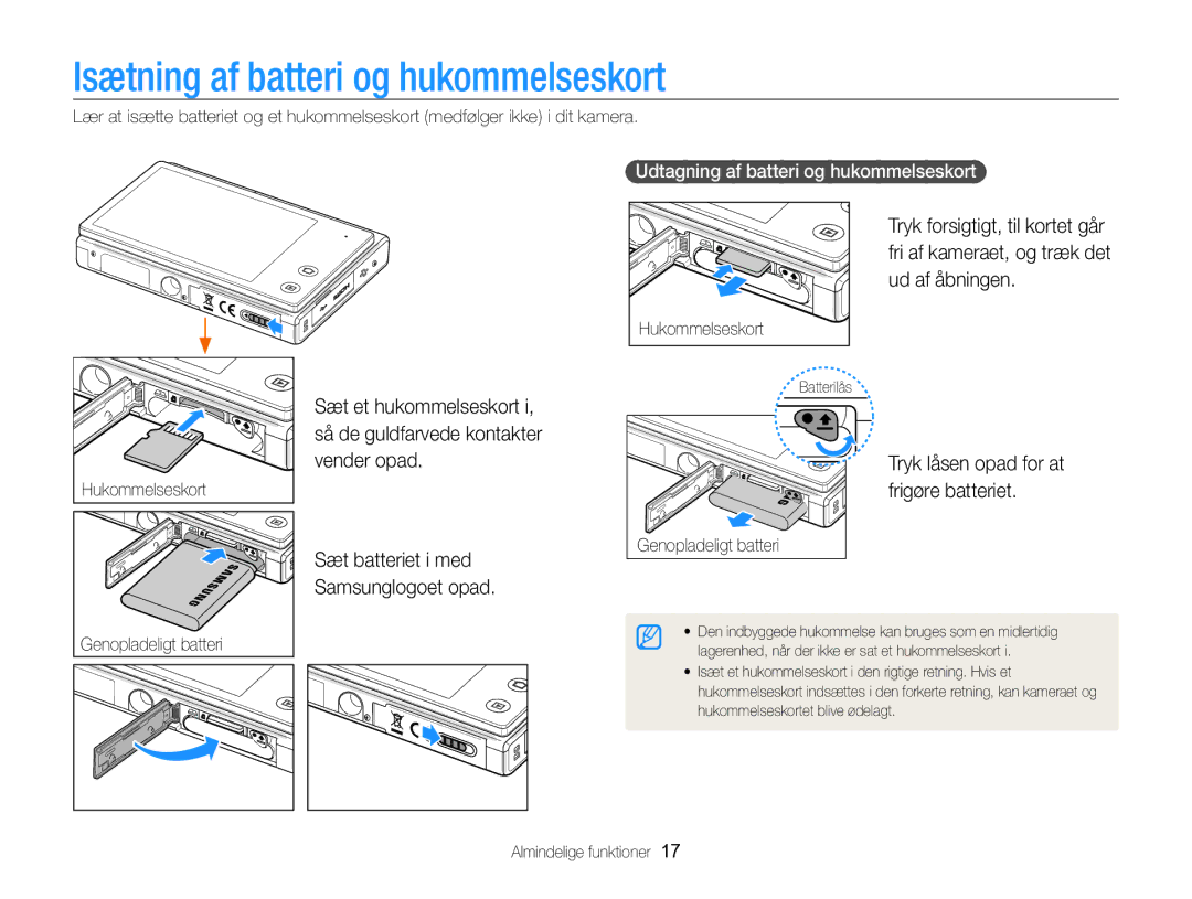 Samsung EC-MV800ZBPBE2 Isætning af batteri og hukommelseskort, Sæt batteriet i med Samsunglogoet opad, Hukommelseskort 