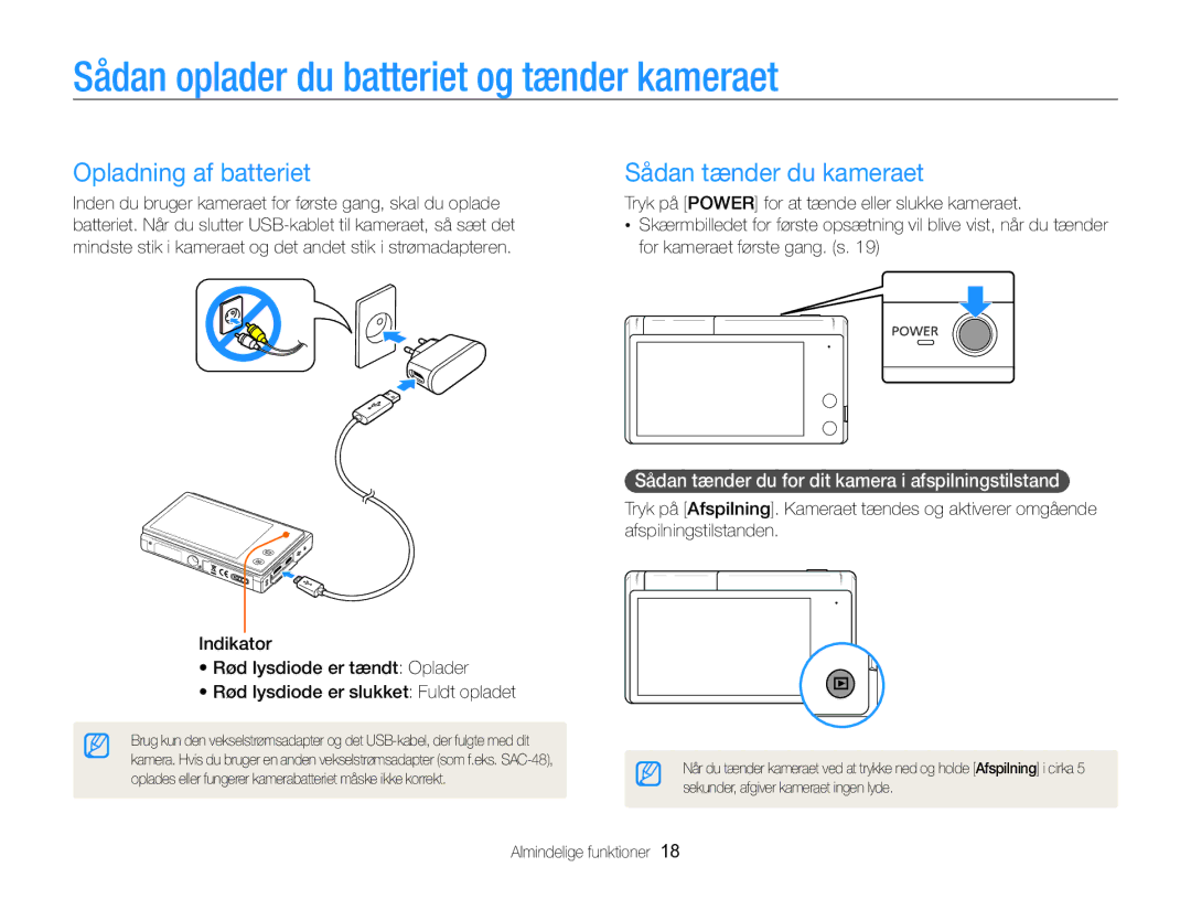 Samsung EC-MV800ZBPBE2 Sådan oplader du batteriet og tænder kameraet, Opladning af batteriet, Sådan tænder du kameraet 