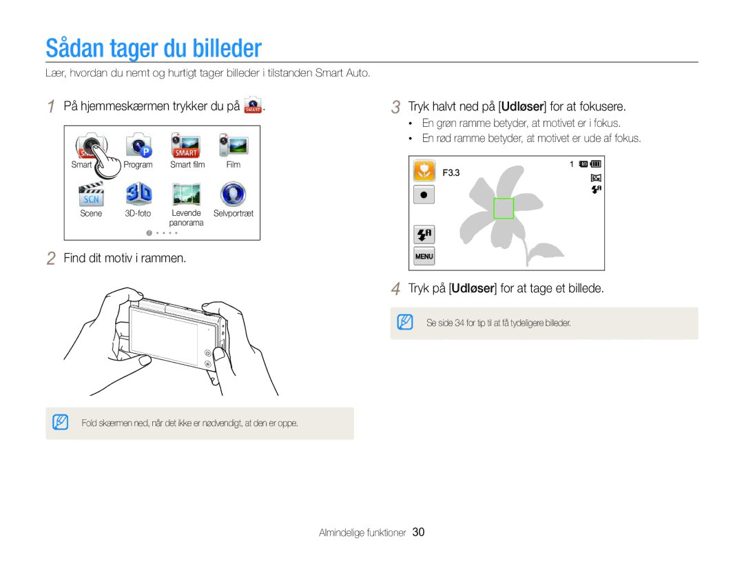 Samsung EC-MV800ZBPBE2 manual Sådan tager du billeder, Tryk halvt ned på Udløser for at fokusere 