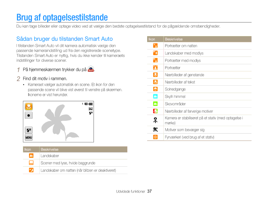 Samsung EC-MV800ZBPBE2 manual Brug af optagelsestilstande, Sådan bruger du tilstanden Smart Auto, Find dit motiv i rammen 