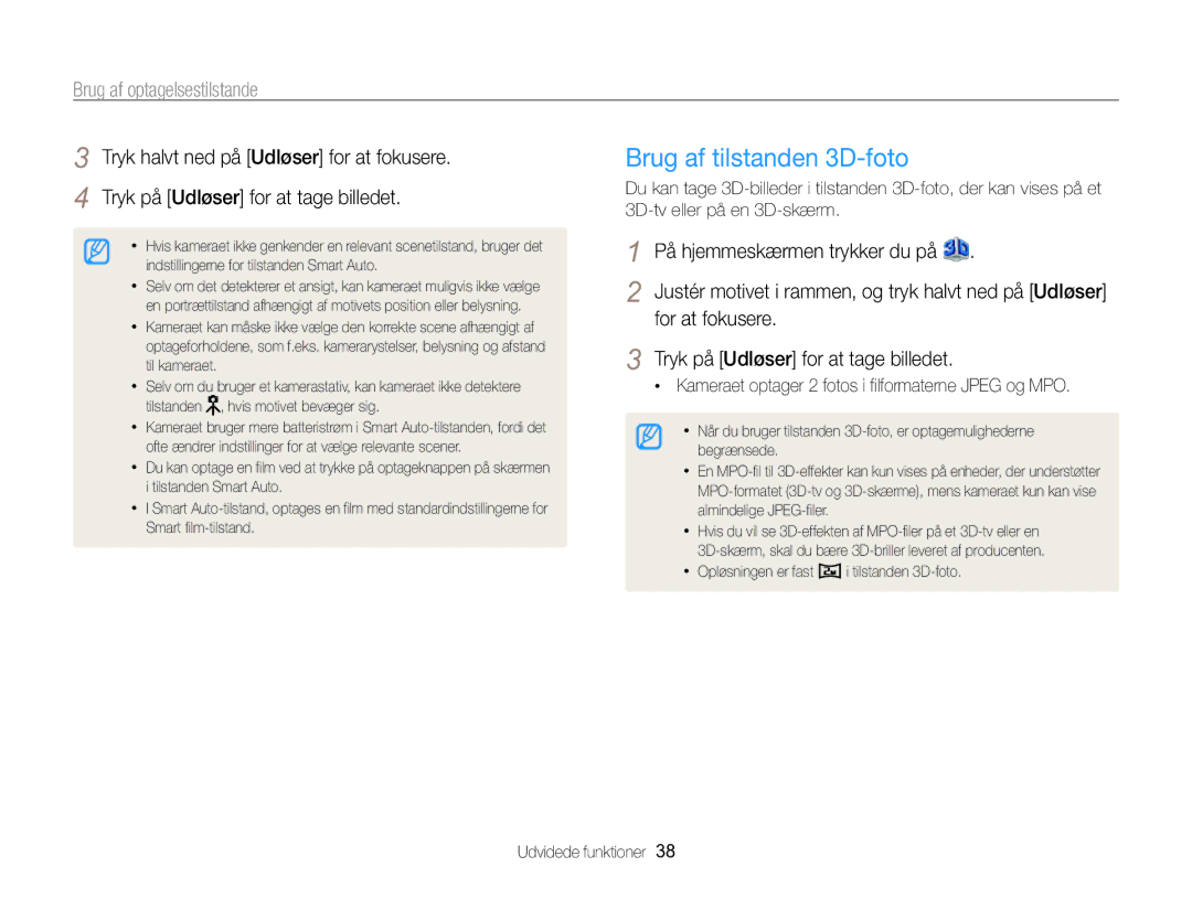 Samsung EC-MV800ZBPBE2 manual Brug af tilstanden 3D-foto, Brug af optagelsestilstande 