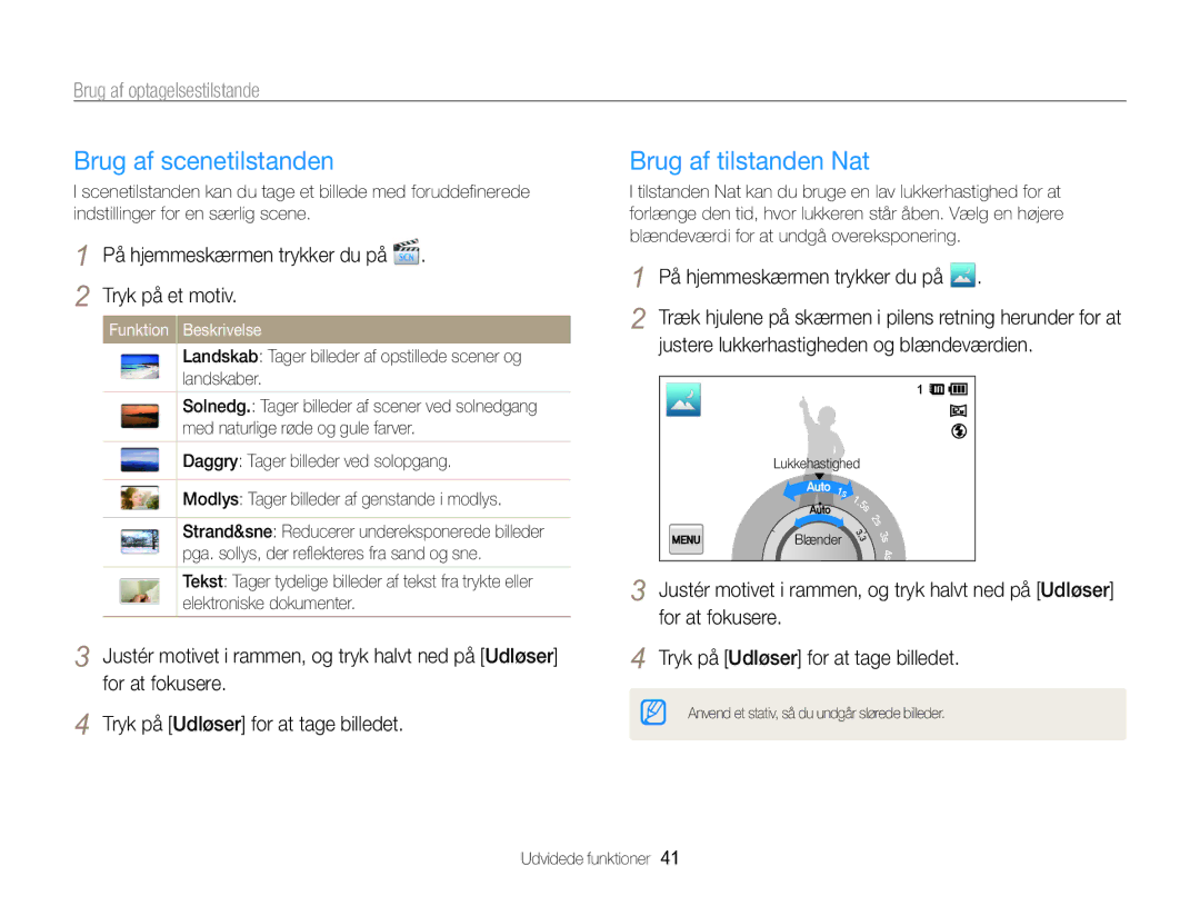 Samsung EC-MV800ZBPBE2 manual Brug af scenetilstanden, Brug af tilstanden Nat, Tryk på et motiv, Funktion Beskrivelse 