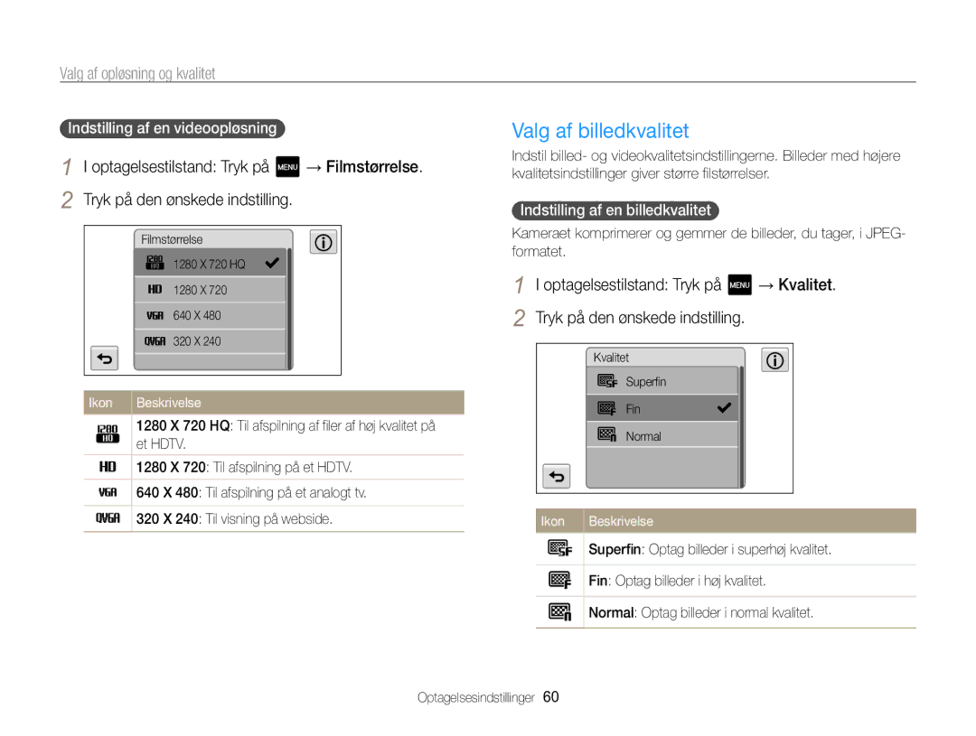 Samsung EC-MV800ZBPBE2 manual Valg af billedkvalitet, Valg af opløsning og kvalitet, Indstilling af en billedkvalitet  