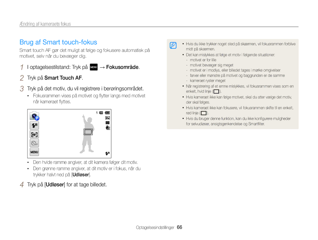 Samsung EC-MV800ZBPBE2 manual Brug af Smart touch-fokus, Ændring af kameraets fokus 