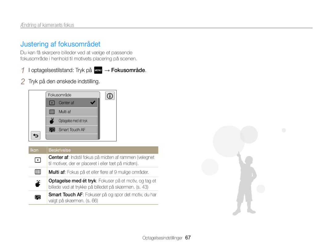 Samsung EC-MV800ZBPBE2 manual Justering af fokusområdet, Multi af Fokus på et eller flere af 9 mulige områder 