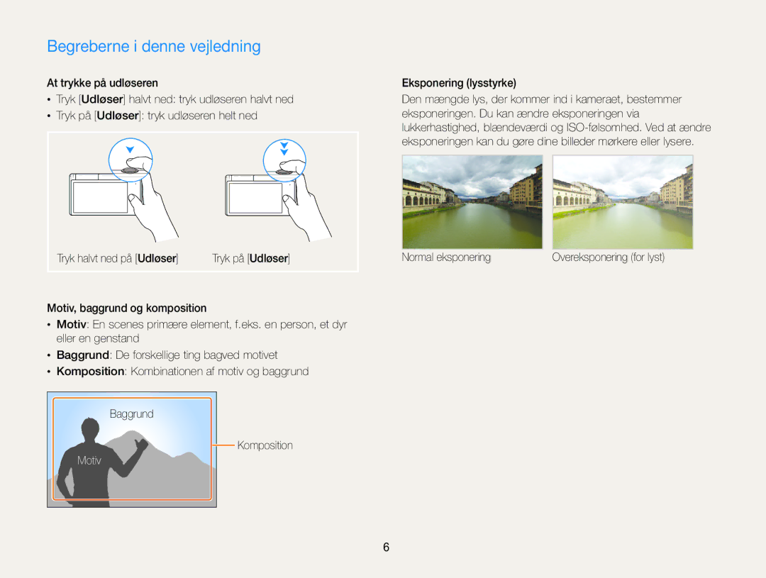 Samsung EC-MV800ZBPBE2 manual Begreberne i denne vejledning, Motiv, Eksponering lysstyrke 