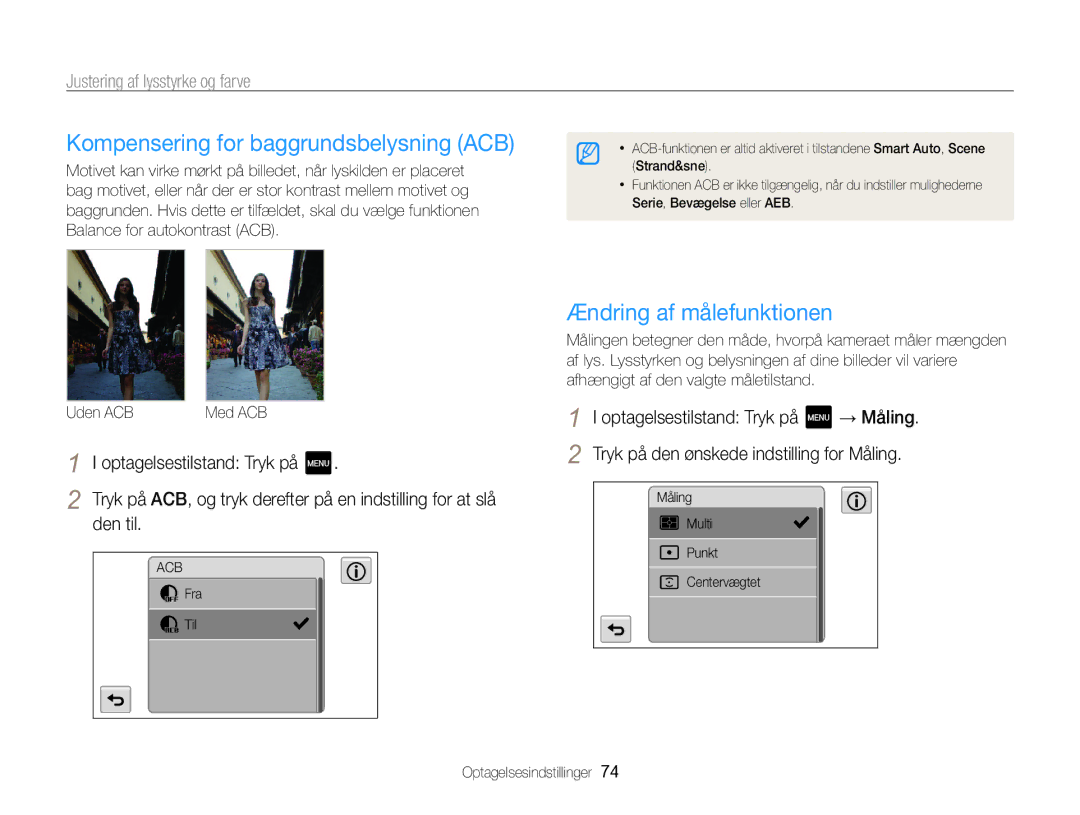 Samsung EC-MV800ZBPBE2 Kompensering for baggrundsbelysning ACB, Ændring af målefunktionen, Justering af lysstyrke og farve 