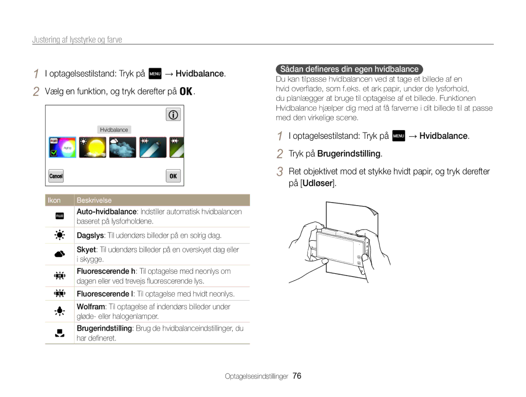 Samsung EC-MV800ZBPBE2 manual På Udløser, Sådan defineres din egen hvidbalance  