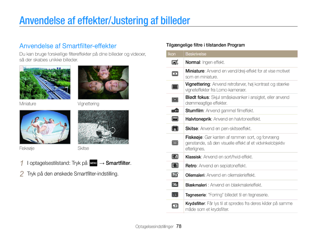 Samsung EC-MV800ZBPBE2 manual Anvendelse af effekter/Justering af billeder, Anvendelse af Smartfilter-effekter 
