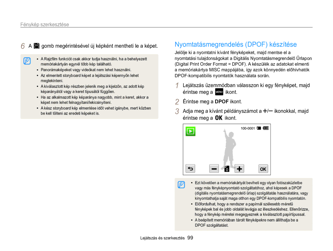 Samsung EC-MV800ZBPBE2, EC-MV800ZBPBE3 Nyomtatásmegrendelés Dpof készítése, Érintse meg a Ikont Érintse meg a Dpof ikont 