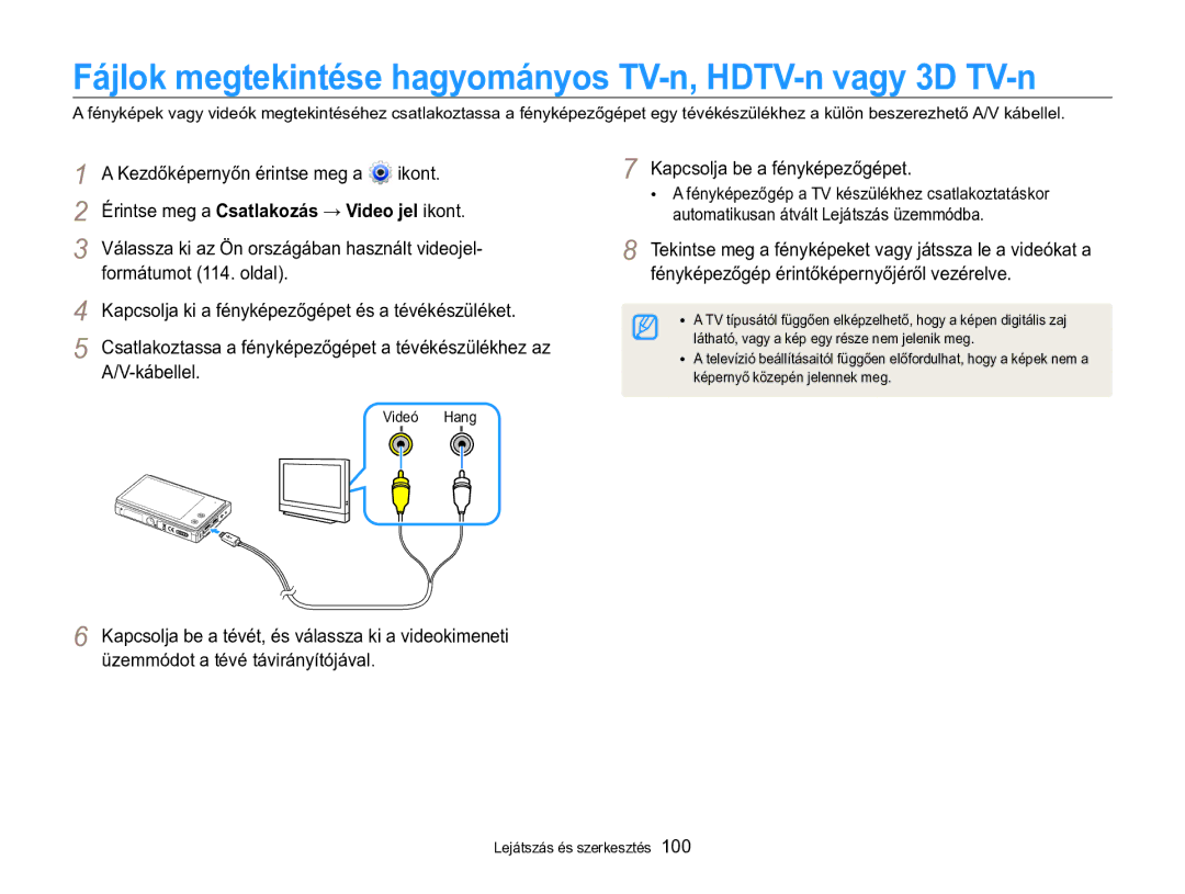 Samsung EC-MV800ZBPWE3 Formátumot 114. oldal Kapcsolja be a fényképezőgépet, Érintse meg a Csatlakozás → Video jel ikont 