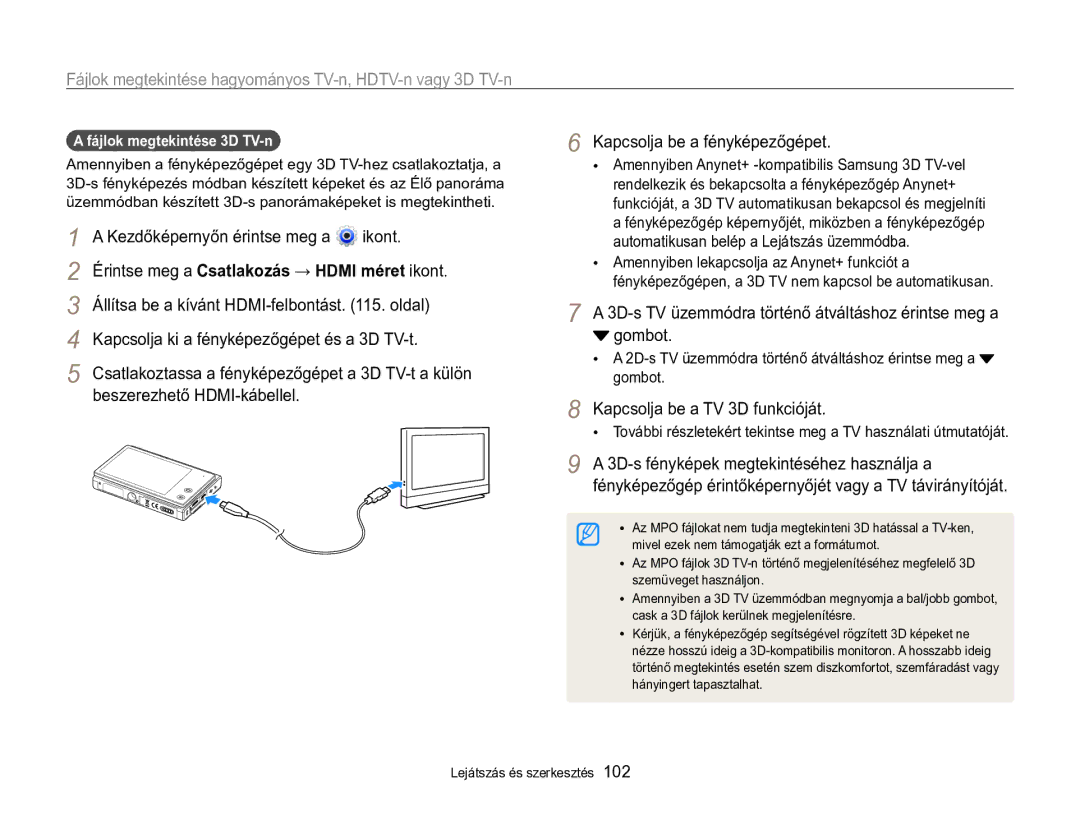 Samsung EC-MV800ZBPBE2, EC-MV800ZBPBE3 manual Kapcsolja ki a fényképezőgépet és a 3D TV-t, Kapcsolja be a TV 3D funkcióját 