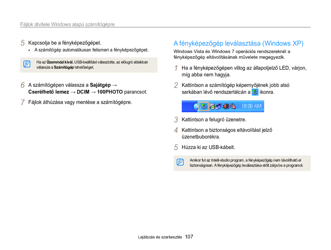 Samsung EC-MV800ZBPBE3 Cserélhető lemez → Dcim → 100PHOTO parancsot, Fényképezőgép eltávolításának művelete megegyezik 