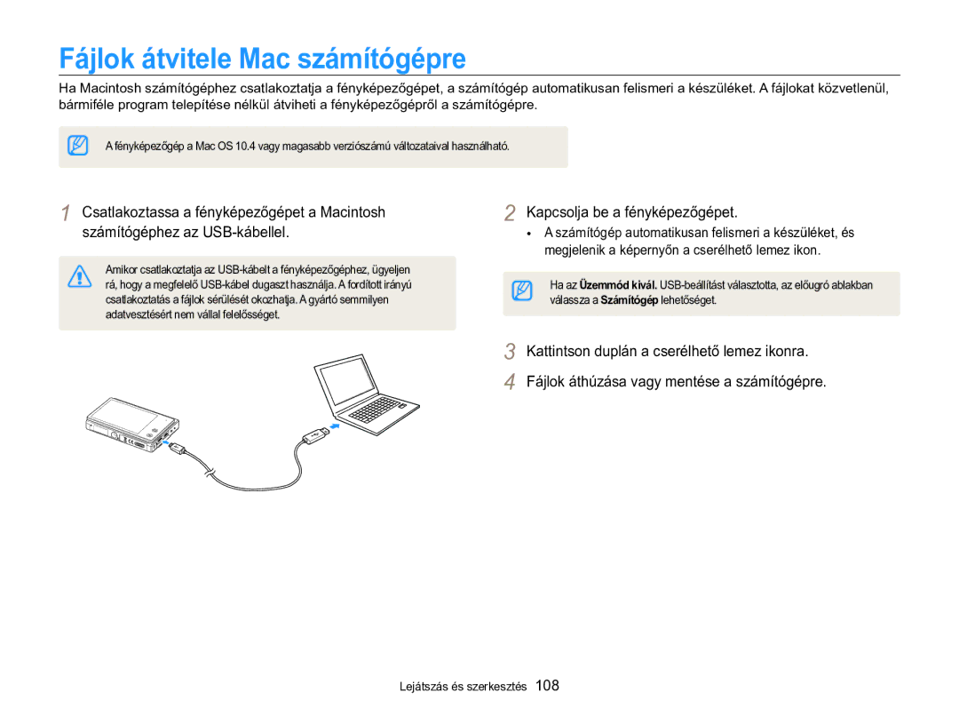 Samsung EC-MV800ZBPBE2, EC-MV800ZBPBE3, EC-MV800ZBPWE3 manual Fájlok átvitele Mac számítógépre 