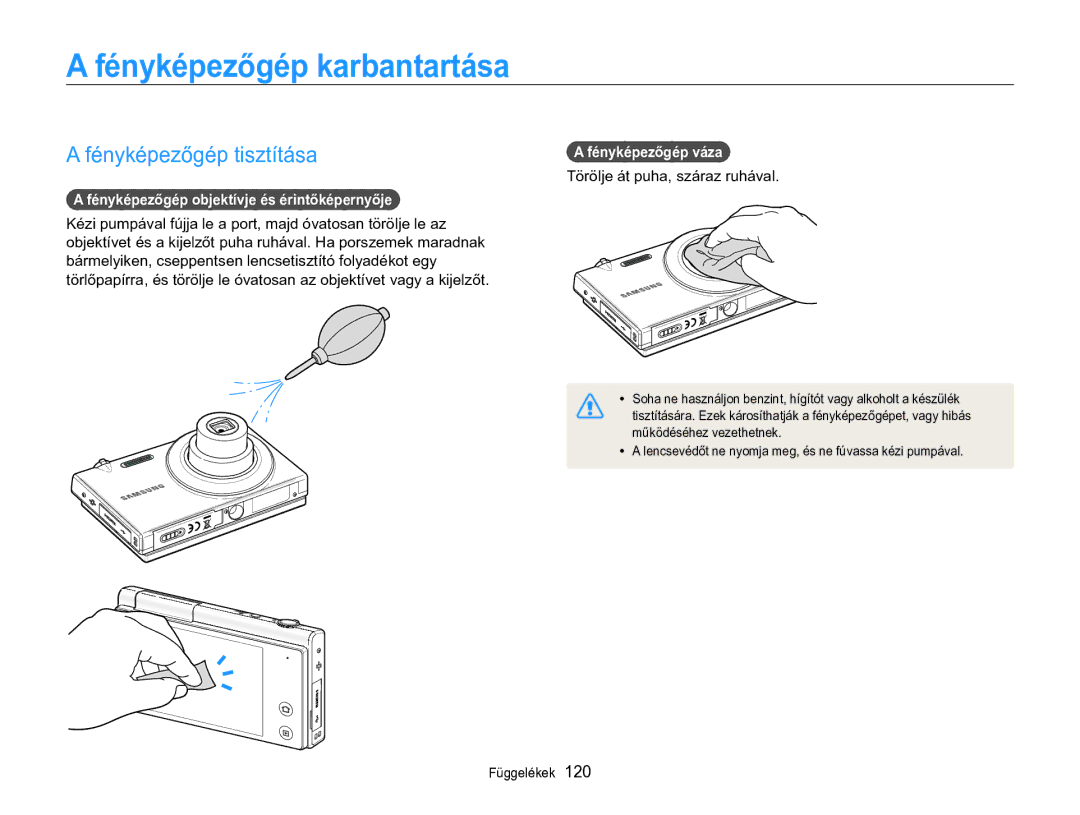 Samsung EC-MV800ZBPBE2 Fényképezőgép karbantartása, Fényképezőgép tisztítása, Fényképezőgép objektívje és érintőképernyője 