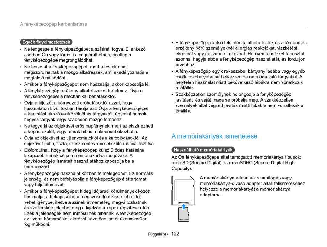 Samsung EC-MV800ZBPBE3, EC-MV800ZBPBE2 manual Memóriakártyák ismertetése, Egyéb figyelmeztetések, Használható memóriakártyák 