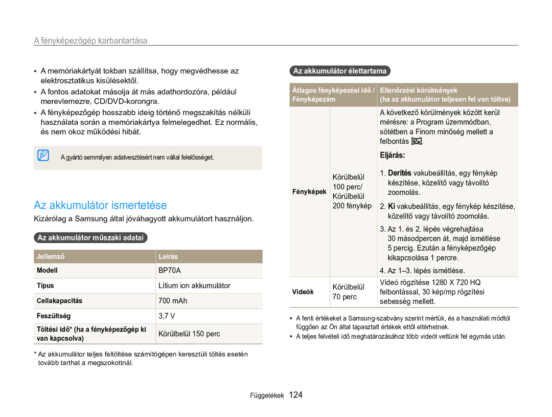 Samsung EC-MV800ZBPWE3 manual Az akkumulátor ismertetése, Az akkumulátor műszaki adatai, Az akkumulátor élettartama  