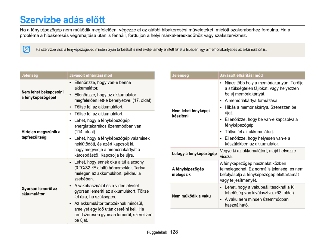 Samsung EC-MV800ZBPBE3, EC-MV800ZBPBE2, EC-MV800ZBPWE3 manual Szervizbe adás előtt 