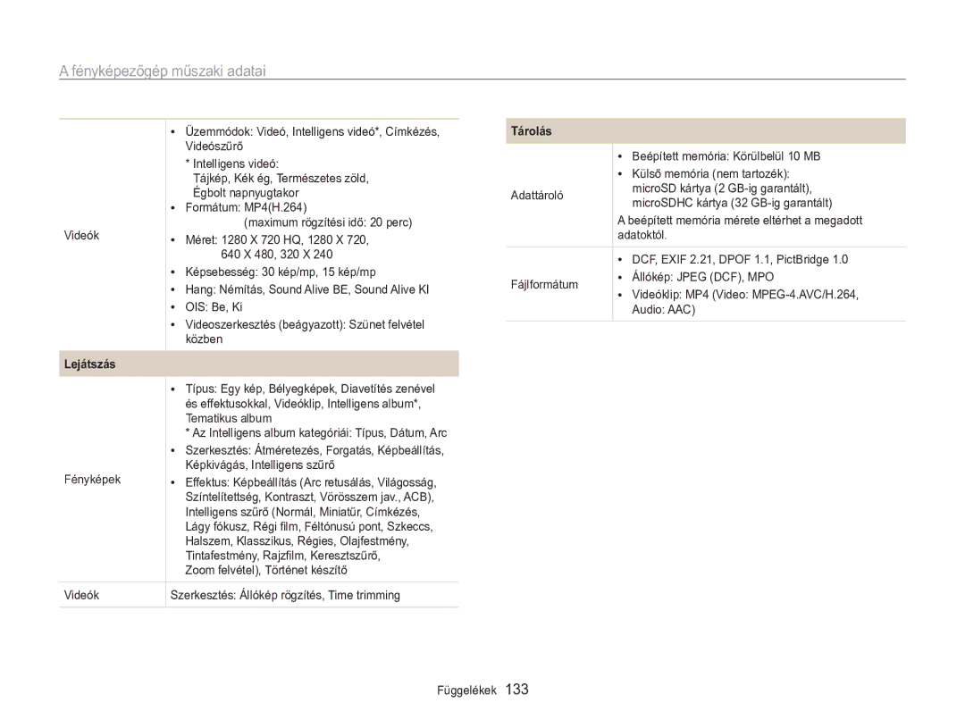 Samsung EC-MV800ZBPWE3 manual Üzemmódok Videó, Intelligens videó*, Címkézés, Videószűrő, Tájkép, Kék ég, Természetes zöld 