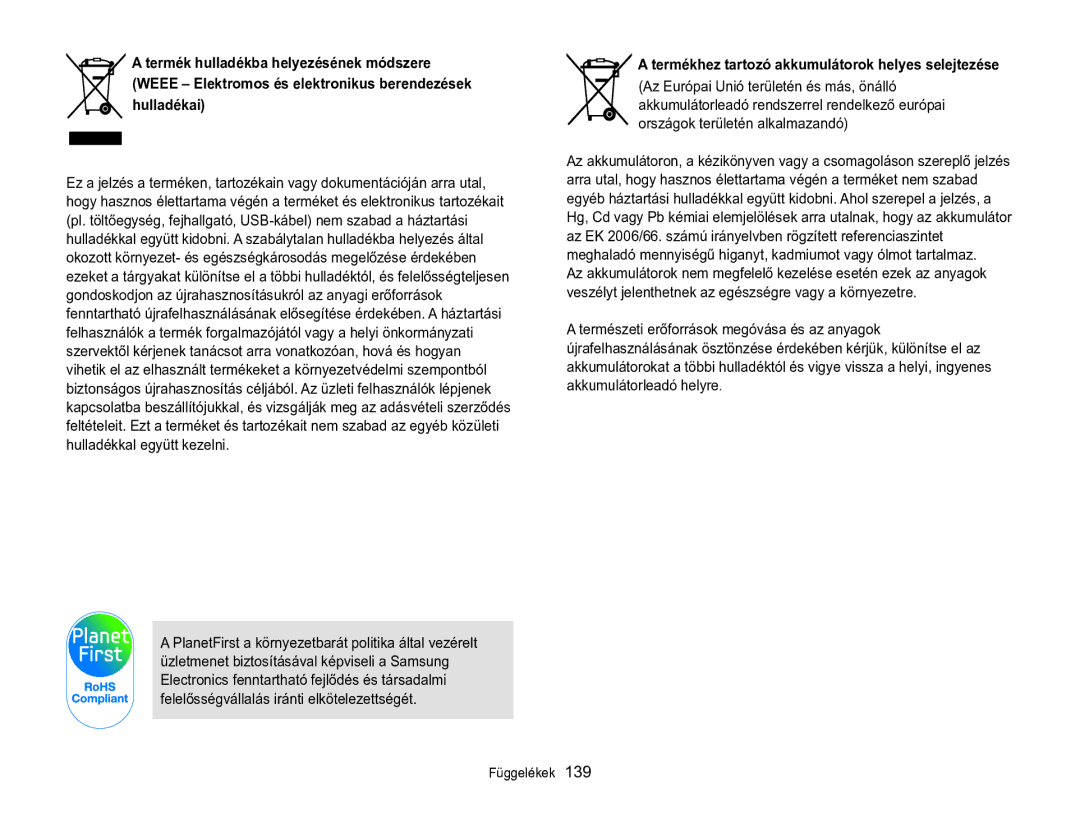 Samsung EC-MV800ZBPWE3, EC-MV800ZBPBE3, EC-MV800ZBPBE2 manual Termékhez tartozó akkumulátorok helyes selejtezése 