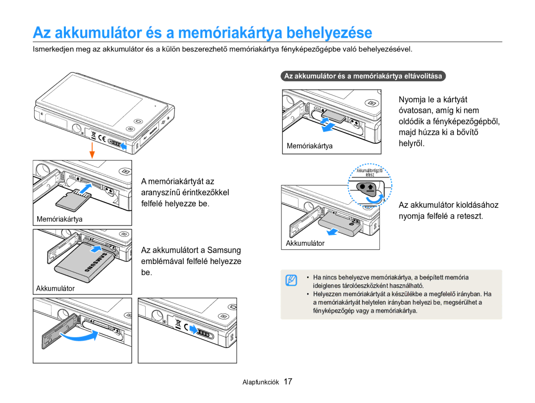 Samsung EC-MV800ZBPBE3, EC-MV800ZBPBE2 Az akkumulátor és a memóriakártya behelyezése, Memóriakártyát az, Memóriakártya 