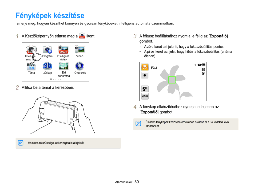 Samsung EC-MV800ZBPBE2, EC-MV800ZBPBE3 manual Fényképek készítése, Fókusz beállításához nyomja le félig az Exponáló 