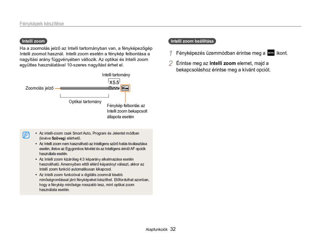 Samsung EC-MV800ZBPBE3, EC-MV800ZBPBE2 manual Intelli zoom, Intelli tartomány Zoomolás jelző Optikai tartomány, Ikont 