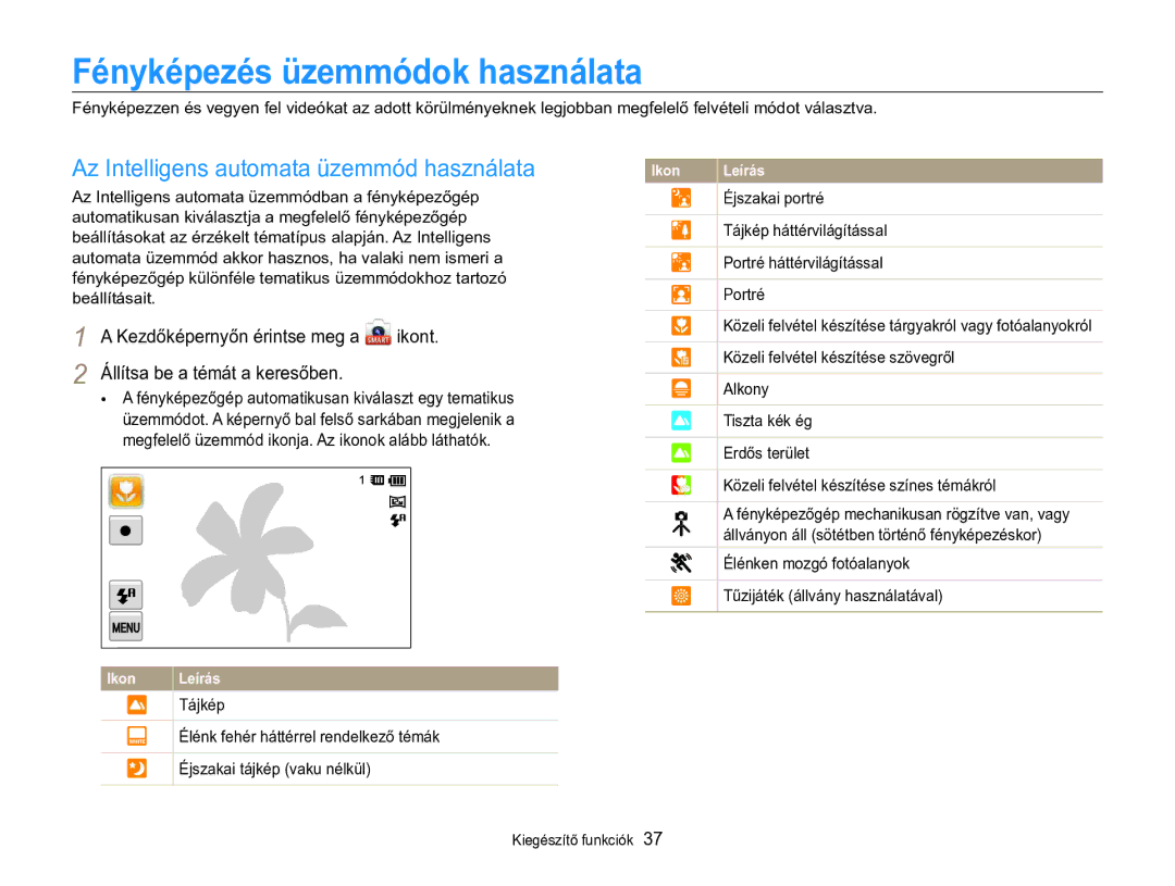 Samsung EC-MV800ZBPWE3, EC-MV800ZBPBE3 manual Fényképezés üzemmódok használata, Az Intelligens automata üzemmód használata 