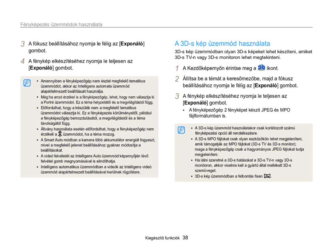 Samsung EC-MV800ZBPBE3, EC-MV800ZBPBE2, EC-MV800ZBPWE3 manual 3D-s kép üzemmód használata, Fényképezés üzemmódok használata 