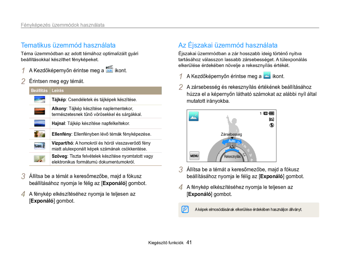 Samsung EC-MV800ZBPBE3 manual Tematikus üzemmód használata, Az Éjszakai üzemmód használata, Érintsen meg egy témát 