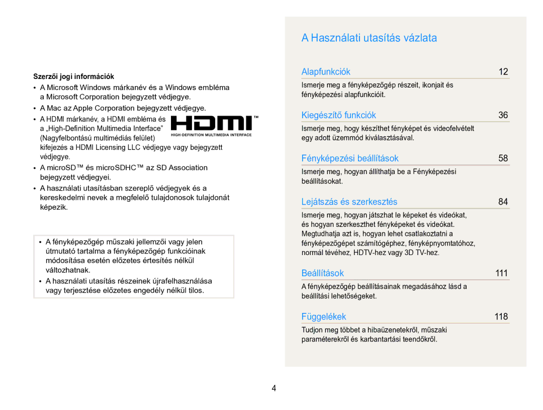 Samsung EC-MV800ZBPWE3, EC-MV800ZBPBE3, EC-MV800ZBPBE2 manual Használati utasítás vázlata, Szerzői jogi információk 