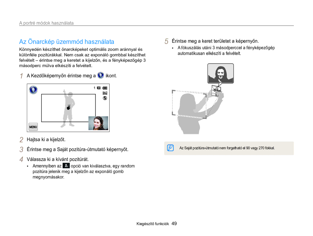 Samsung EC-MV800ZBPWE3 Az Önarckép üzemmód használata, Portré módok használata, Érintse meg a keret területet a képernyőn 