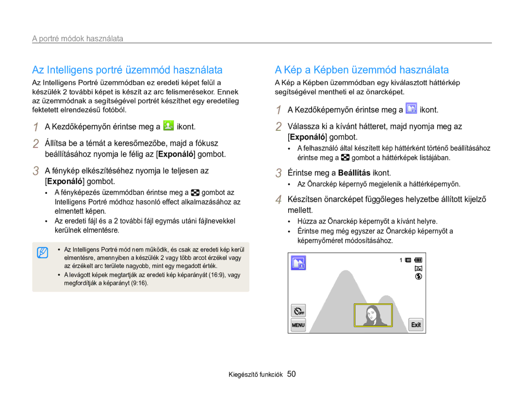 Samsung EC-MV800ZBPBE3, EC-MV800ZBPBE2 manual Az Intelligens portré üzemmód használata, Kép a Képben üzemmód használata 