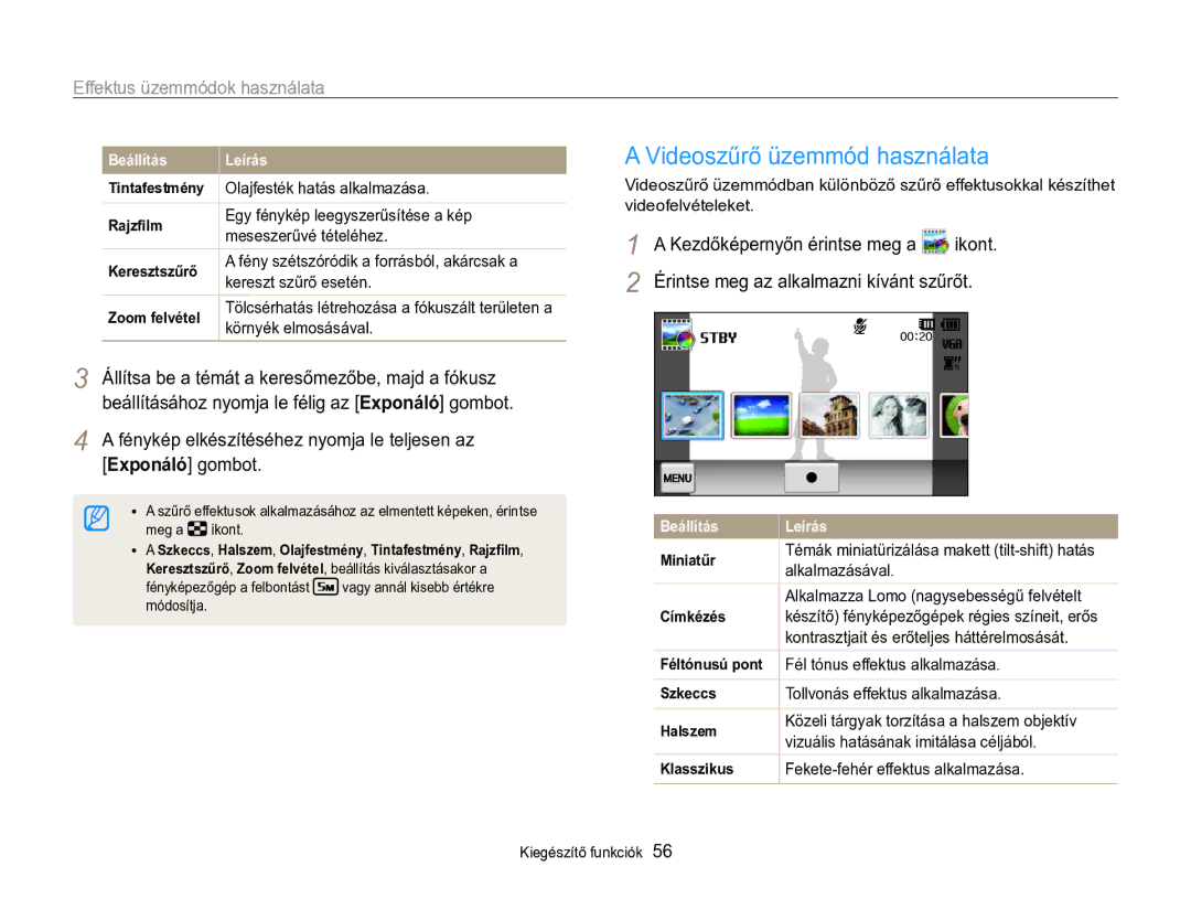 Samsung EC-MV800ZBPBE3, EC-MV800ZBPBE2 manual Videoszűrő üzemmód használata, Érintse meg az alkalmazni kívánt szűrőt 