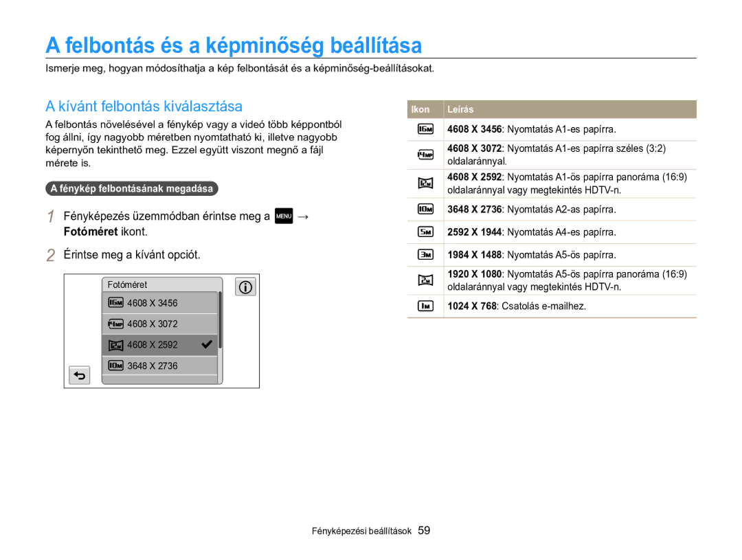 Samsung EC-MV800ZBPBE3 manual Felbontás és a képminőség beállítása, Kívánt felbontás kiválasztása, Fotóméret ikont 