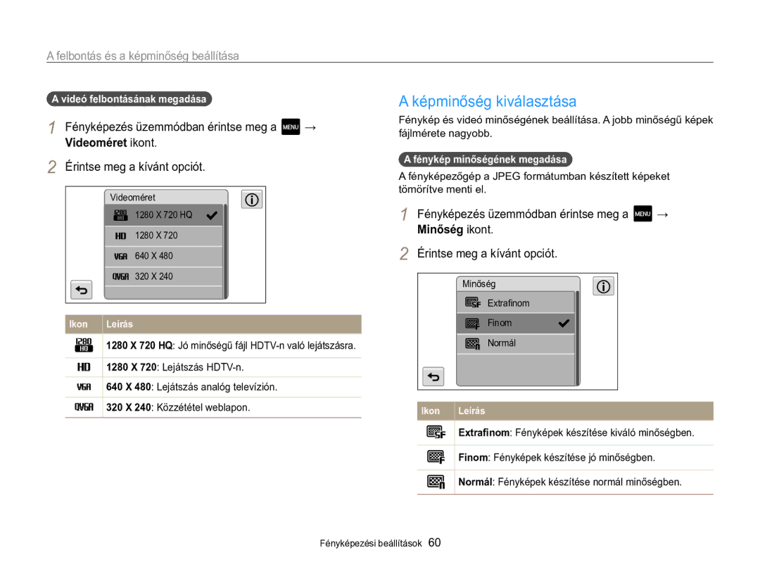 Samsung EC-MV800ZBPBE2 Képminőség kiválasztása, Felbontás és a képminőség beállítása, Videoméret ikont, Minőség ikont 