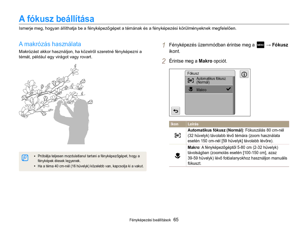 Samsung EC-MV800ZBPBE3 manual Fókusz beállítása, Makrózás használata, Esetén 150 cm-nél 59 hüvelyk távolabb lévőre, Fókuszt 