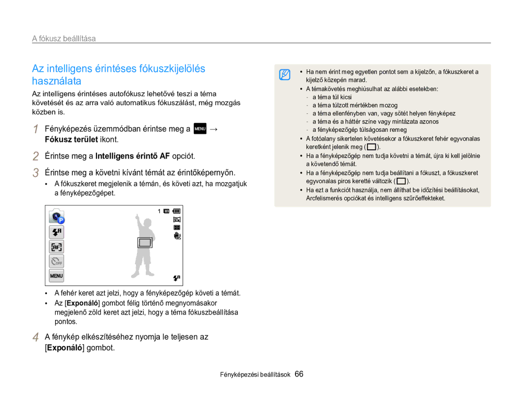 Samsung EC-MV800ZBPBE2 manual Az intelligens érintéses fókuszkijelölés használata, Fókusz beállítása, Fókusz terület ikont 