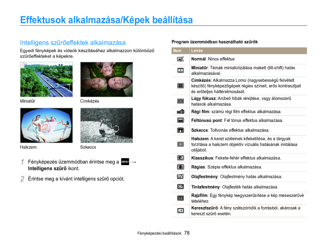 Samsung EC-MV800ZBPBE2, EC-MV800ZBPBE3 manual Effektusok alkalmazása/Képek beállítása, Intelligens szűrőeffektek alkalmazása 