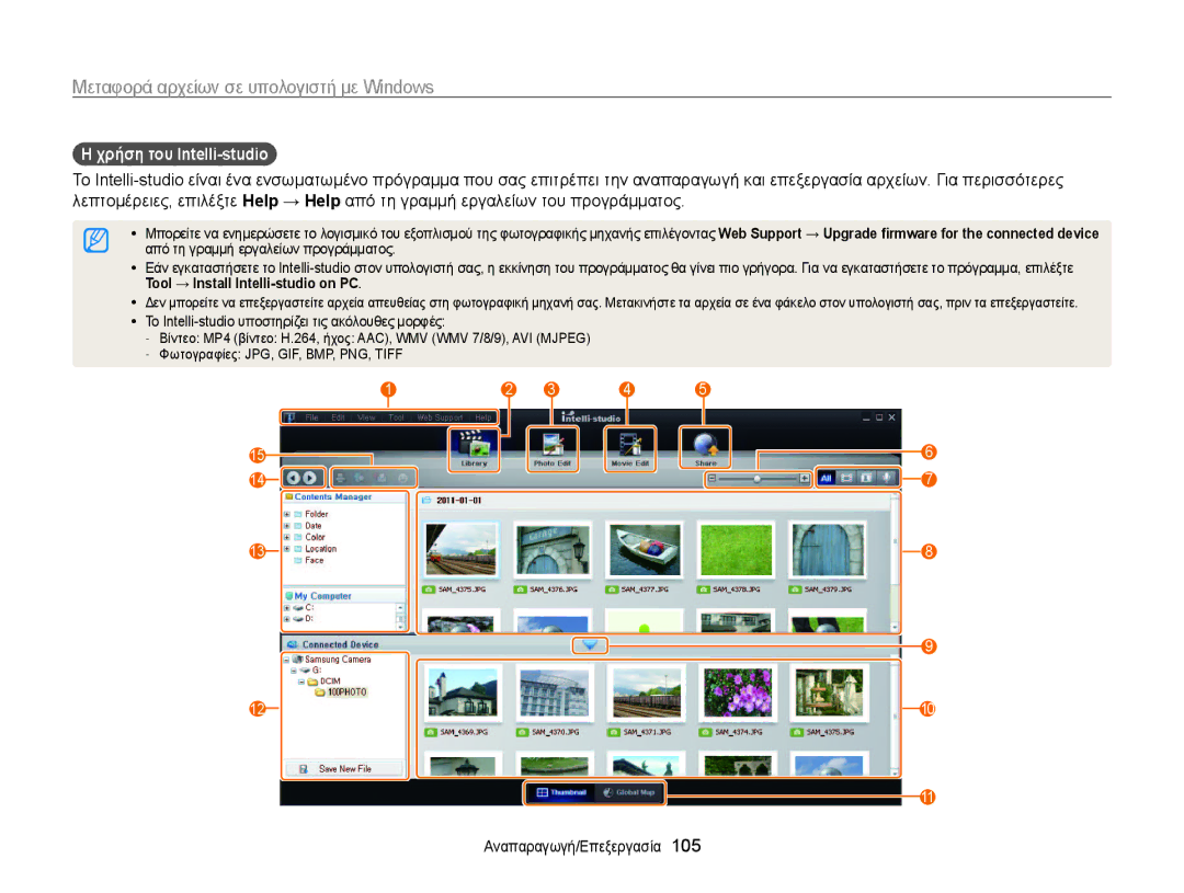 Samsung EC-MV800ZBPRE3, EC-MV800ZBPBE3, EC-MV800ZBPWE3 manual Χρήση του Intelli-studio, Tool → Install Intelli-studio on PC 