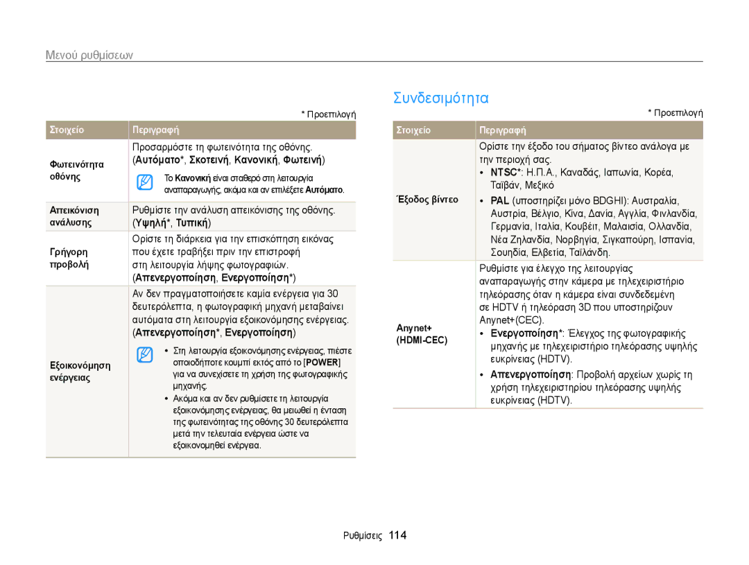 Samsung EC-MV800ZBPRE3 manual Συνδεσιμότητα, Υψηλή *, Τυπική, Απενεργοποίηση , Ενεργοποίηση, Απενεργοποίηση *, Ενεργοποίηση 