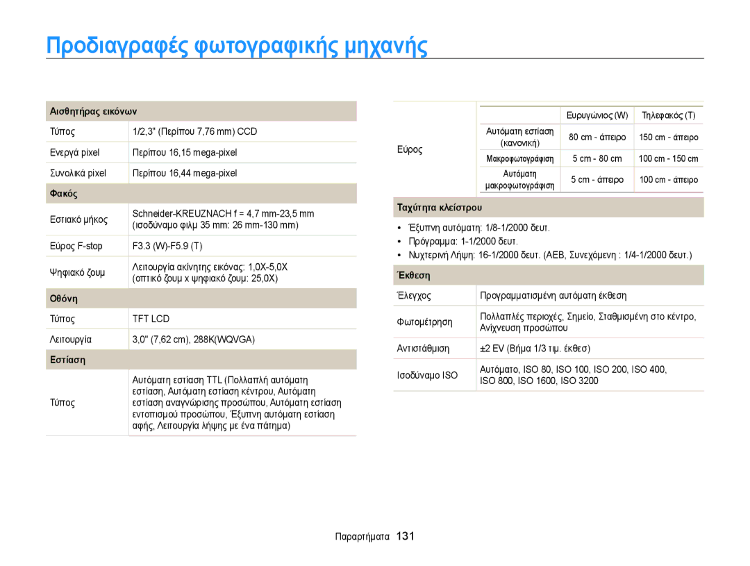 Samsung EC-MV800ZBPBE3, EC-MV800ZBPRE3, EC-MV800ZBPWE3 manual Προδιαγραφές φωτογραφικής μηχανής 