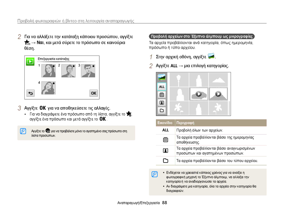 Samsung EC-MV800ZBPWE3 manual Για να αλλάξετε την κατάταξη κάποιου προσώπου, αγγίξτε, Θέση, → μια επιλογή κατηγορίας 