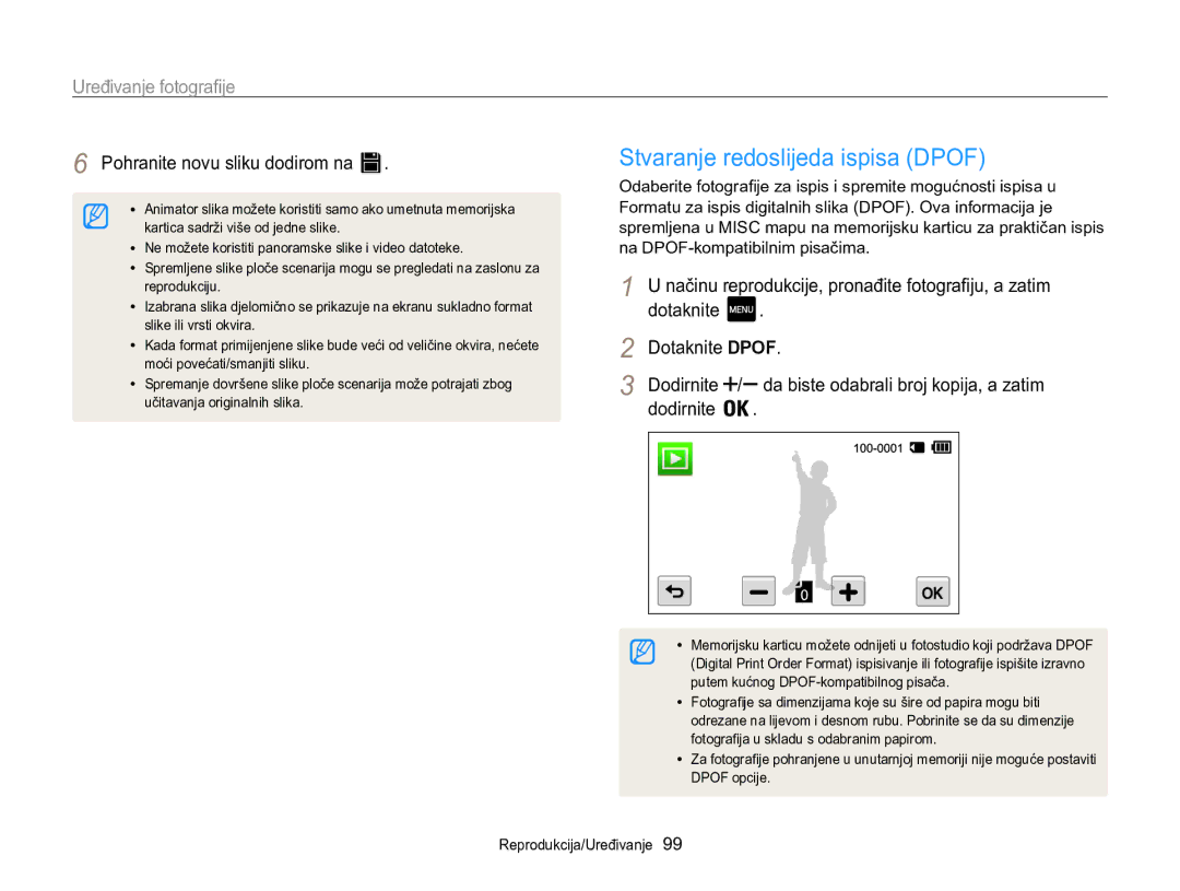 Samsung EC-MV800ZBPBE3 manual Stvaranje redoslijeda ispisa Dpof, Pohranite novu sliku dodirom na, Dotaknite Dotaknite Dpof 