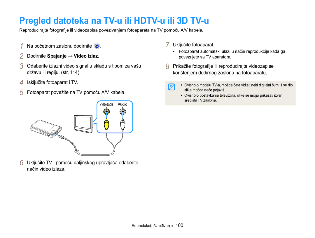 Samsung EC-MV800ZBPRE3, EC-MV800ZBPBE3 Pregled datoteka na TV-u ili HDTV-u ili 3D TV-u, Dodirnite Spajanje → Video izlaz 