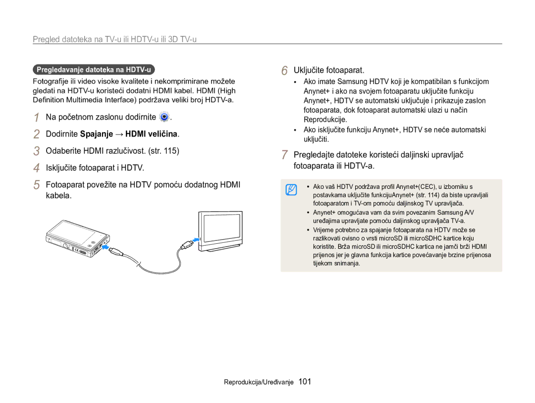 Samsung EC-MV800ZBPBE3 manual Pregled datoteka na TV-u ili HDTV-u ili 3D TV-u, Dodirnite Spajanje → Hdmi veličina, Kabela 