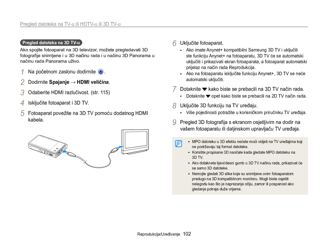 Samsung EC-MV800ZBPRE3 Isključite fotoaparat i 3D TV, Uključite 3D funkciju na TV uređaju, Pregled datoteka na 3D TV-u 