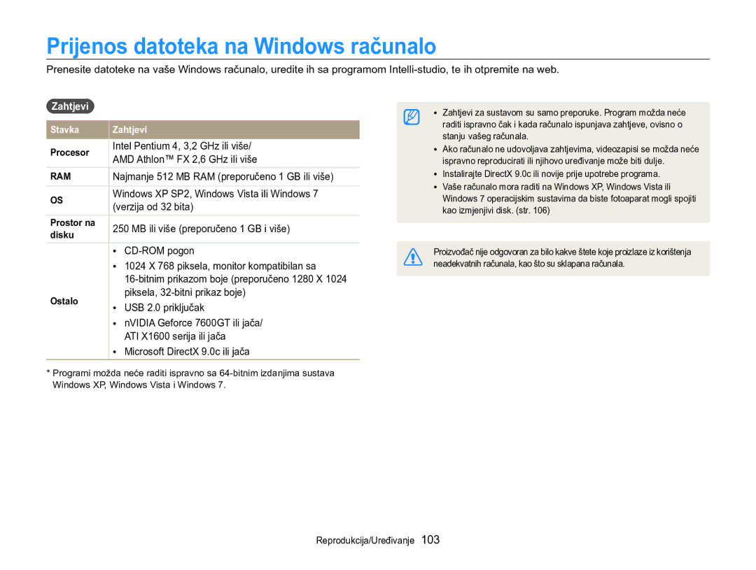 Samsung EC-MV800ZBPBE3, EC-MV800ZBPRE3 manual Prijenos datoteka na Windows računalo, Zahtjevi 